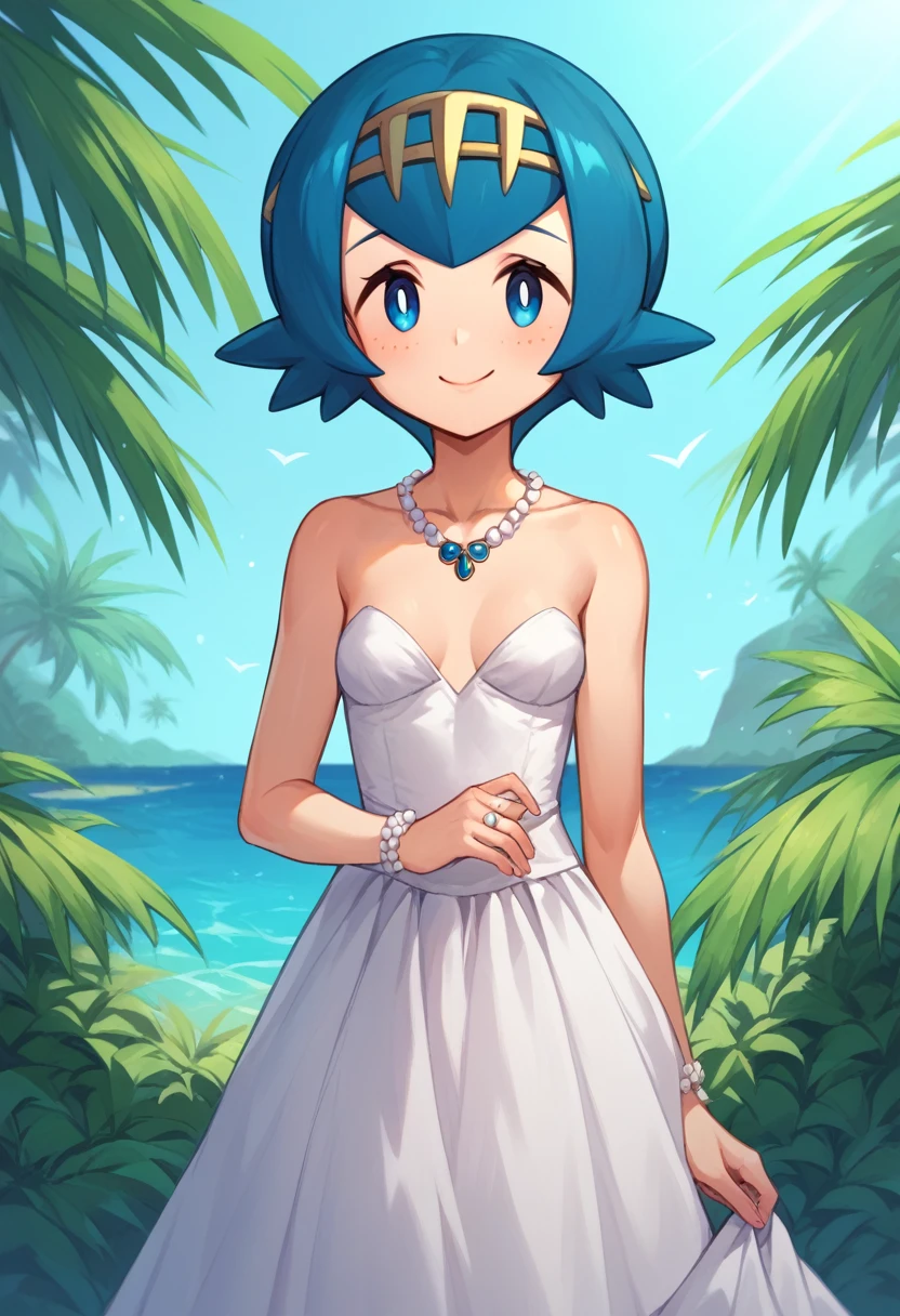 ((masterpiece,best quality)), absurdres, Lana_Pokemon, solo, smiling, looking at viewer, cowboy shot, tropical background, cinematic composition,  (young:1.8) (small breasts:1.4) short, happy, wedding dress, wedding ring