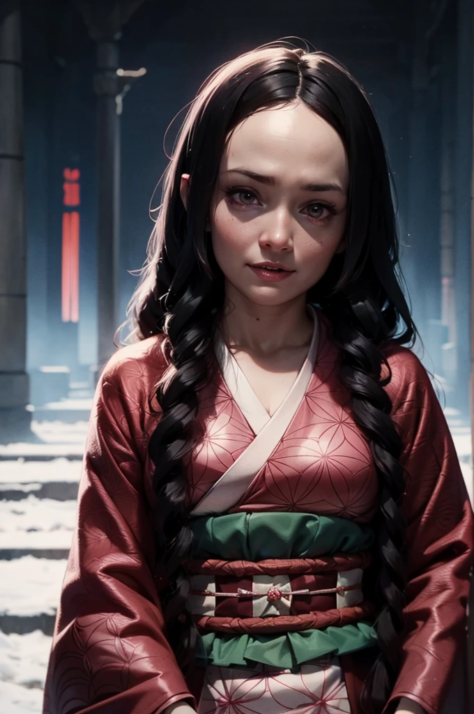 A young girl in realistic portrait of high quality and detail, movie style, Nezuko Kamado (Kimetsu no Yaiba), 18 years old, her black hair remains loose, its ends have turned orange, and Nezuko's eyes have turned from burgundy to a bright pink shade. Nezuko carries a bamboo stick in her mouth. She wears a pink kimono with an asanoha pattern, a red and white checkered obi and a black haori., pale skin, asian girl, medium breast, dark fantasy, dark atmosphere, happy look, glow, eye shadow, 1girl, Depth & Perspective, fangs, full-length photo, smiling face, Japanese hieroglyphens in pupils, fine face, She's standing in the japanese street, outdoors, snow on background, winter, night time, looking at viewer, (ultra-high detail:1.2), Masterpiece, Best Quality, Ultra-detailed, Cinematic lighting, 8K, delicate features, cinematic, 35 mm lens, f/1.9, highlight lighting, global lighting –uplight –v 4, cinematic, Cinematic lighting, 8K, high quality, Highest Quality, (Solo Focus), (extremly intricate:1.3), (Realistic), masterful, Analog style, (Film grain:1.5), (cold tone),