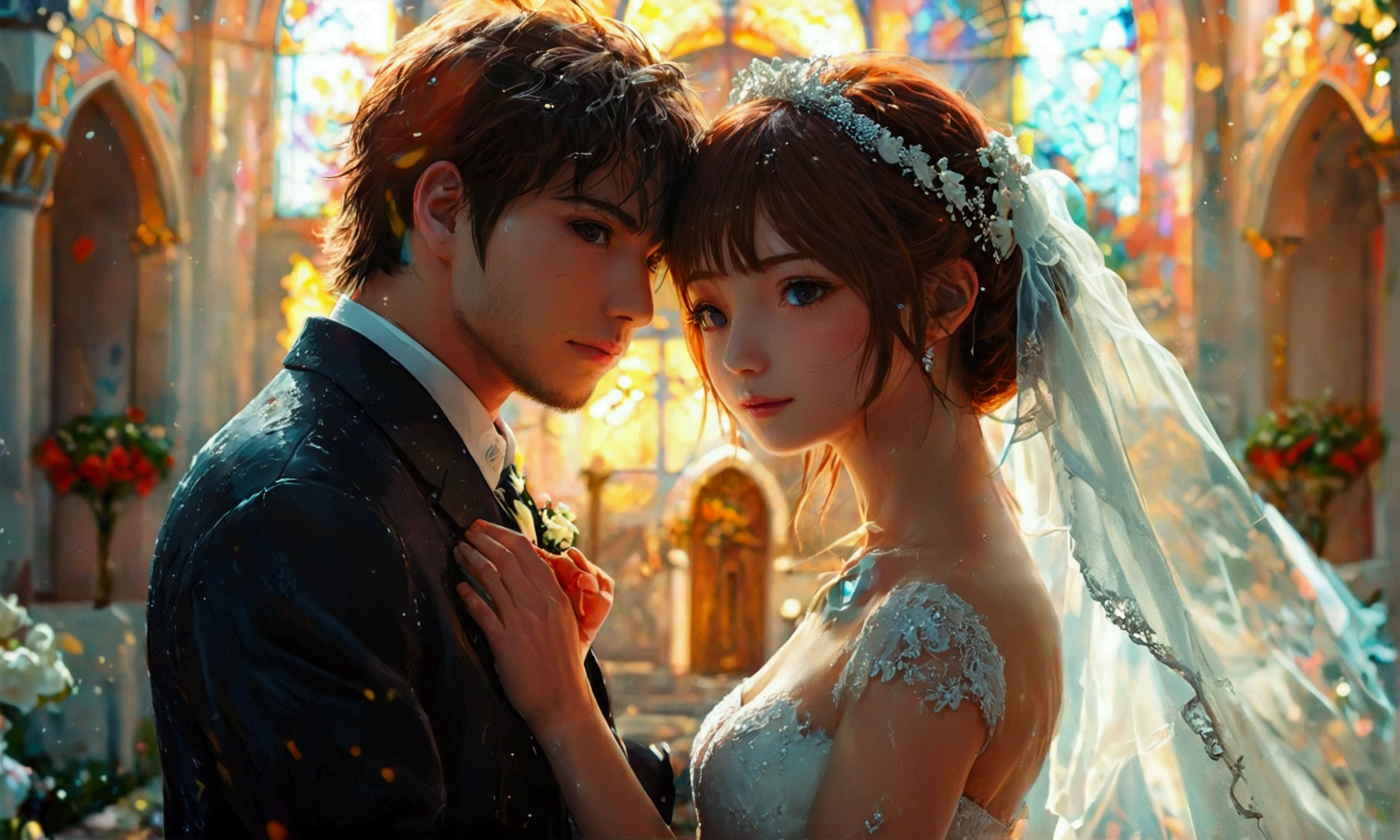 a couple in front of a wedding church,manga style art,manga style art,manga style art
