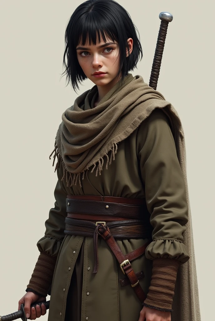 Arya stark from game of thrones,15 years old warrior girl with a thin sword on left hand,her hair is straight cut short black ,her face is long and sharp, she's wearing a brown rough cotton fabric long warrior attire.