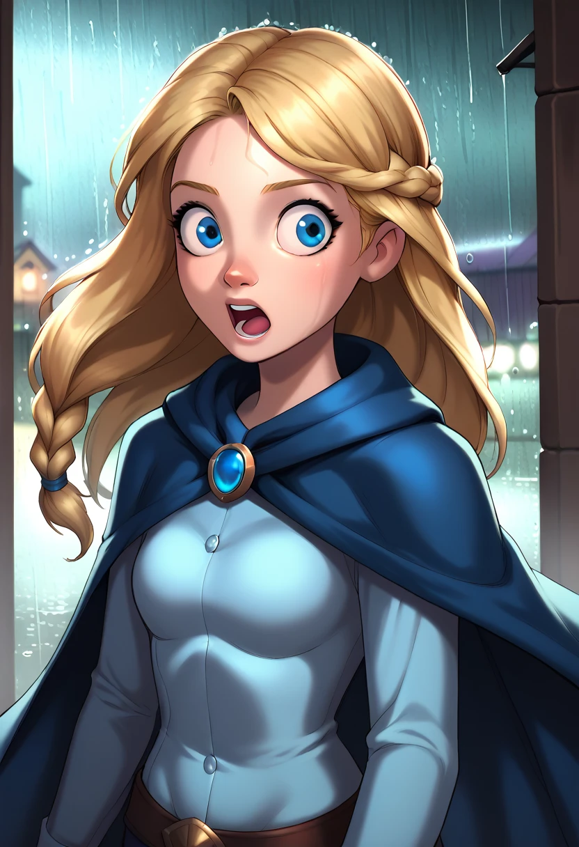 score_9, score_8, score_7,  robyngoodfellowe, wolfwalkers_studio_saloon_style, 1girl, blonde hair, blue eyes, solo, long hair, open mouth, braid, pants, rain, wide-eyed, scene reference, long sleeves, cape