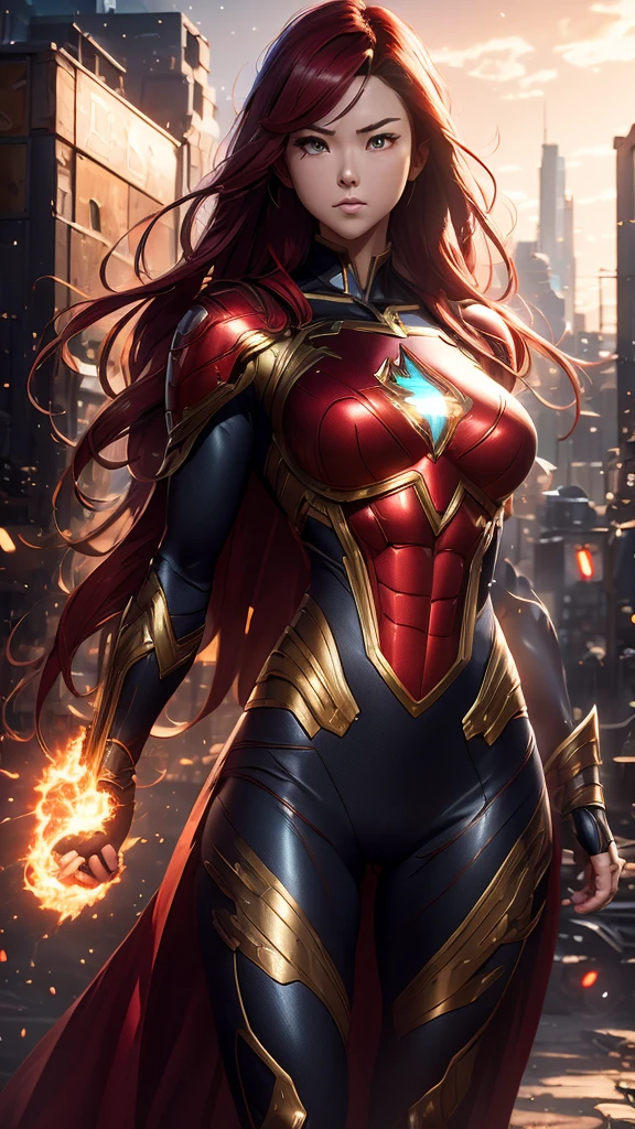 Jessica Henwick, Female Superhero Martial Artist, Long Red Hair, Black and Silver Armored Superhero Suit, Detailed Face, Beautiful Face, Upper Body View Portrait, Anime Eyes, Lean Female Body Physique, Toned Female Muscle, Female Body Shape, Fit Female Body, 4KUHD quality, 1080i, 1080p, Cinematic Quality, Dramatic Lighting, Bokeh, Unreal Engine 5, Cel Shaded Style, Surrounded by Cosmic Fire, Anime Asthetic, DBZ Asthetic, Studio Ghibli Asthetic, Urban City Background, Tekken Asthetic 
[DreamGlow (NEW)]