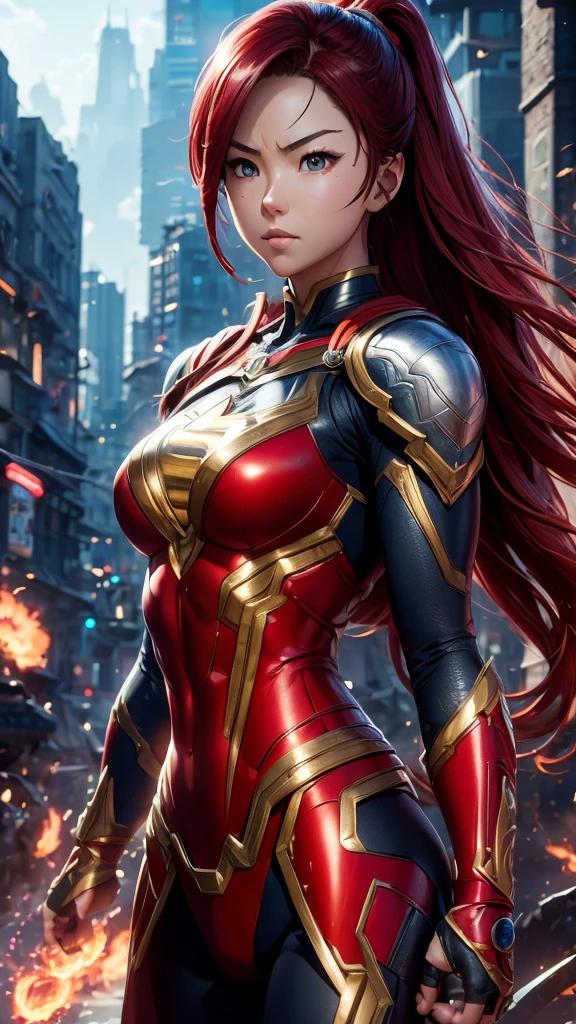 Jessica Henwick, Female Superhero Martial Artist, Long Red Hair, Black and Silver Armored Superhero Suit, Detailed Face, Beautiful Face, Upper Body View Portrait, Anime Eyes, Lean Female Body Physique, Toned Female Muscle, Female Body Shape, Fit Female Body, 4KUHD quality, 1080i, 1080p, Cinematic Quality, Dramatic Lighting, Bokeh, Unreal Engine 5, Cel Shaded Style, Surrounded by Cosmic Fire, Anime Asthetic, DBZ Asthetic, Studio Ghibli Asthetic, Urban City Background, Tekken Asthetic 
[DreamGlow (NEW)]