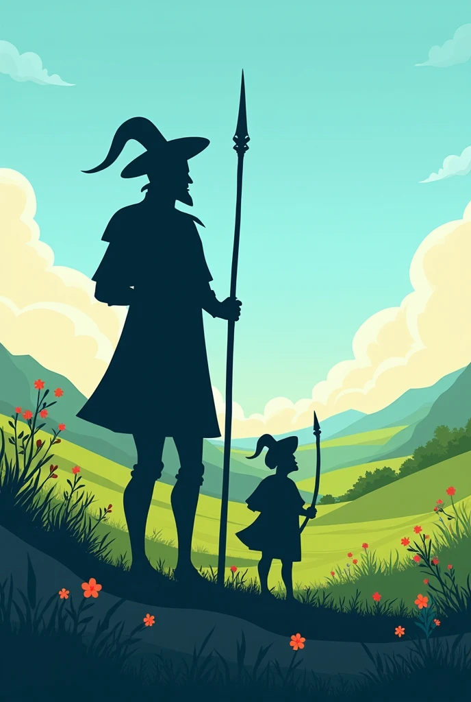 an illustration with only the silhouette of Don Quixote and Sancho Panza in a spring setting