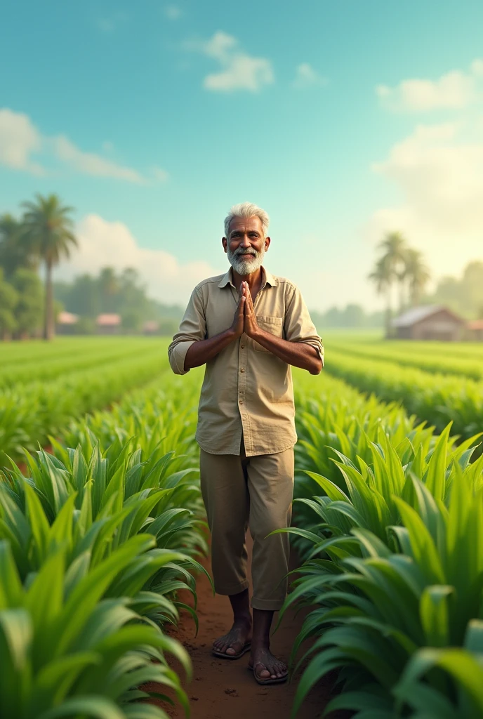 An indian farmer standing in the field and smiling and doing namaste