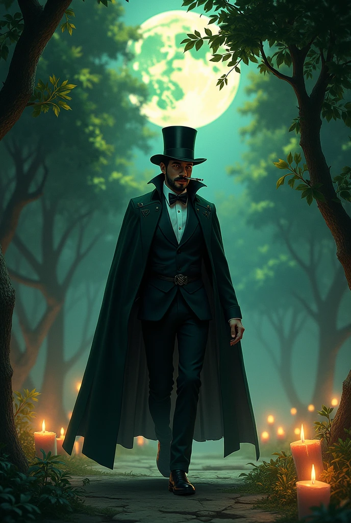 a man in a black and green cape and top hat, Mustache and goatee, with fig trees, fullmoon, smoking a cigar and walking with candles around