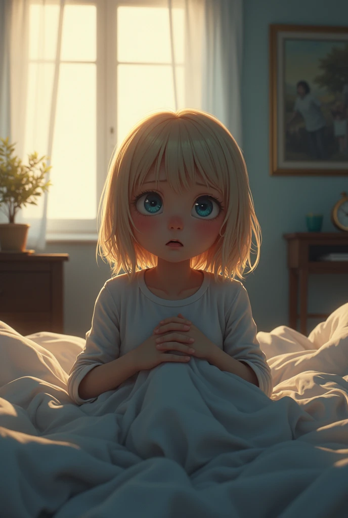 A young blonde girl just waking up from a nightmare In the morning , PICTURE REALISTIC 