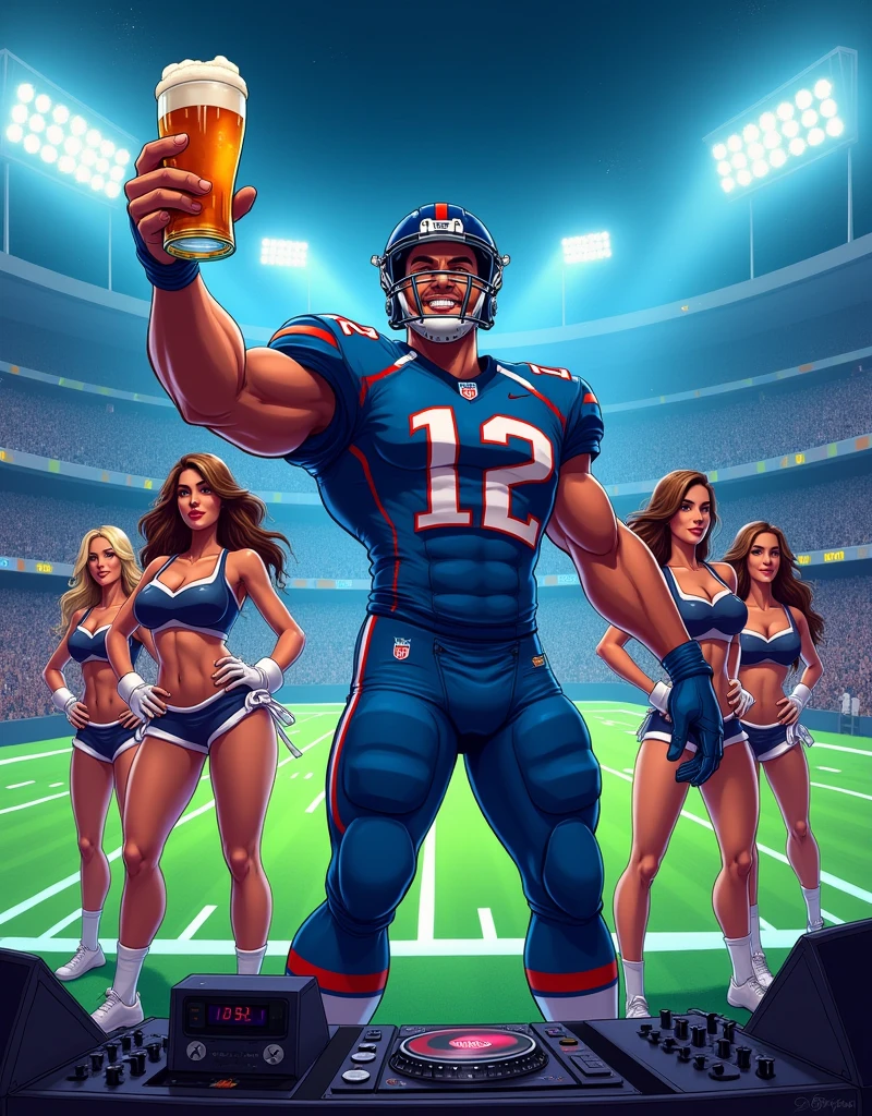 image type bande dessinée, environnement : stade de football américain de nuit, personnage principal : footballeur américain musclé avec une tenue bleue portant le numero 12 et une biere à la main, personnage en second plan : troupe de cheerleaders sexy et Disc Jockey