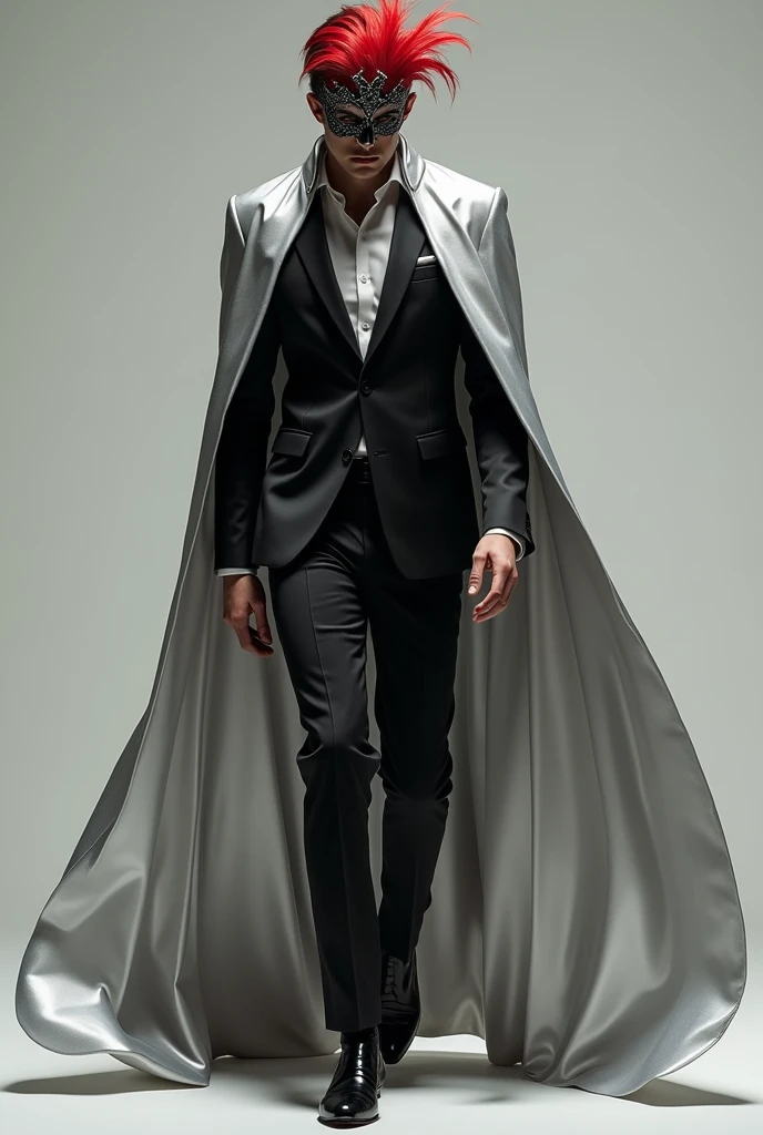 A mens outfit with
Silver Long sleeve on the first layer
Covered by a black tux
And a long Silver Cape That is Imbedead in the tux from the Right arm to the Left arm
Wearing a black Mask with silver designs and red feathers
Walking