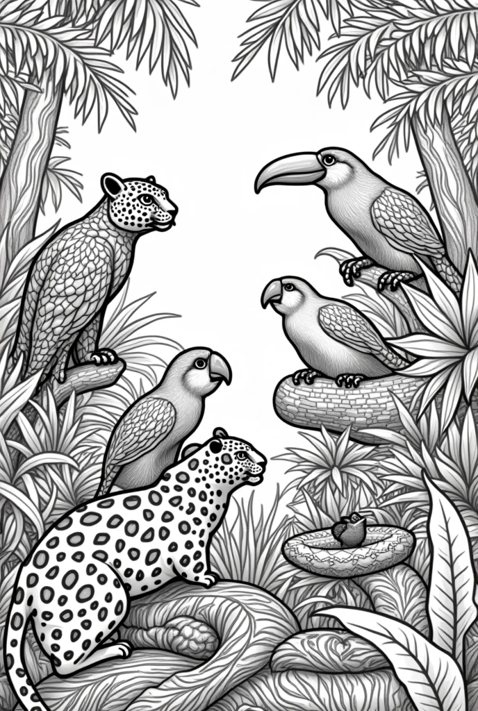 Generate a series of black and white illustrations suitable for coloring books, featuring animals from the Amazon rainforest.