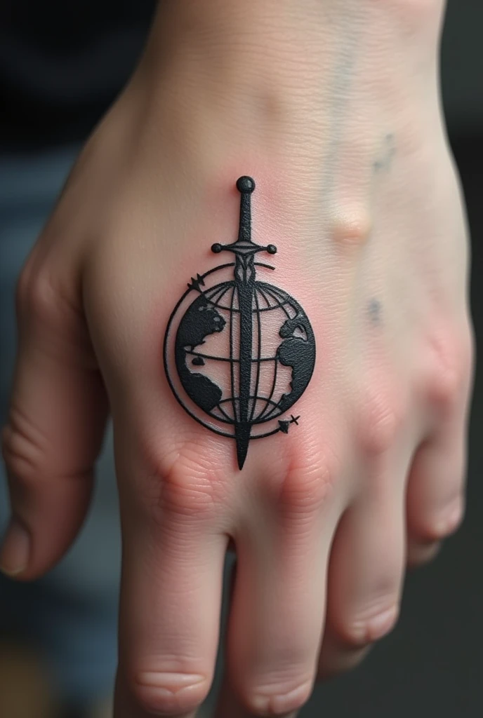 very, very small finger tattoo template on the topic of world domination and with a globe without background, more dynamic, even smaller, more exercise, more unusual, with shades, more fight, victorious, Europe in focus, common strength, Spouse, love, Fun , black-and-white , finger , Sword