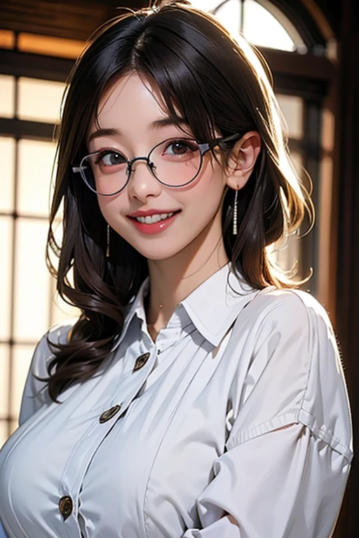 (超High resolution,4K,Very detailed, photograph, 8k, High resolution, High resolution, Absurd:1.2),25 year old Japanese woman,Black Hair,Beautiful character design,Beautifully detailed eye depiction,Perfect Face,Expressive eyes,Brown eyes,Please smile with your teeth showing,banker,A business-style collared shirt that fits snugly against the skin,(Huge breasts:1.4),Mature Woman,Natural smile,at living room,evening,(顔photograph:1.2), upper body, glasses,