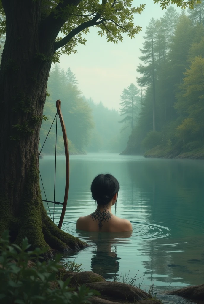 A forest with a lake and a person with the back of their head out of the water, showing a tattoo on his neck. Next to the image, must have a tree, with a bow and arrow resting on it.