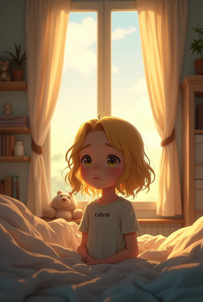 A young blonde girl just waking up from a nightmare In the morning