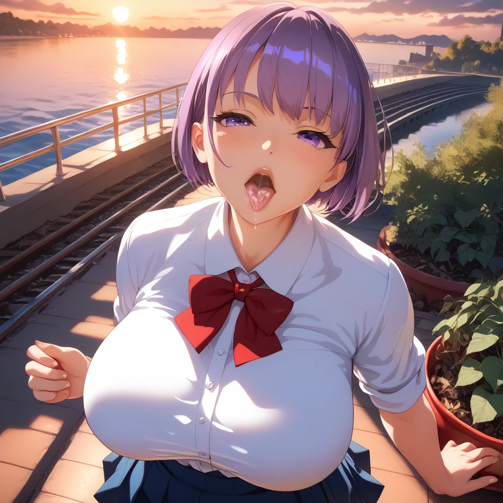 1 female, really short, tanned, round face, front view, pov angle, high angle, plump lips, tongue out, opened mouth, detailed wet tongue, saliva, detailed throat, perverse face, round face, detailed face, short purple hair, bowl cut, bangs, big purple eyes, full lidded eyes, puckered lips, hands squeezing breasts, school uniform, white shirt, clothes stretch, realistic fabric, red ribbon, short blue skirt, skin tight clothing, extremely flushed face, massive breasts, slim waist, cinematic lighting, volumetric lighting, sunset, leaves falling in background, birds in sky, detailed city background, on a bridge, warm hues,train tracks in background, plants