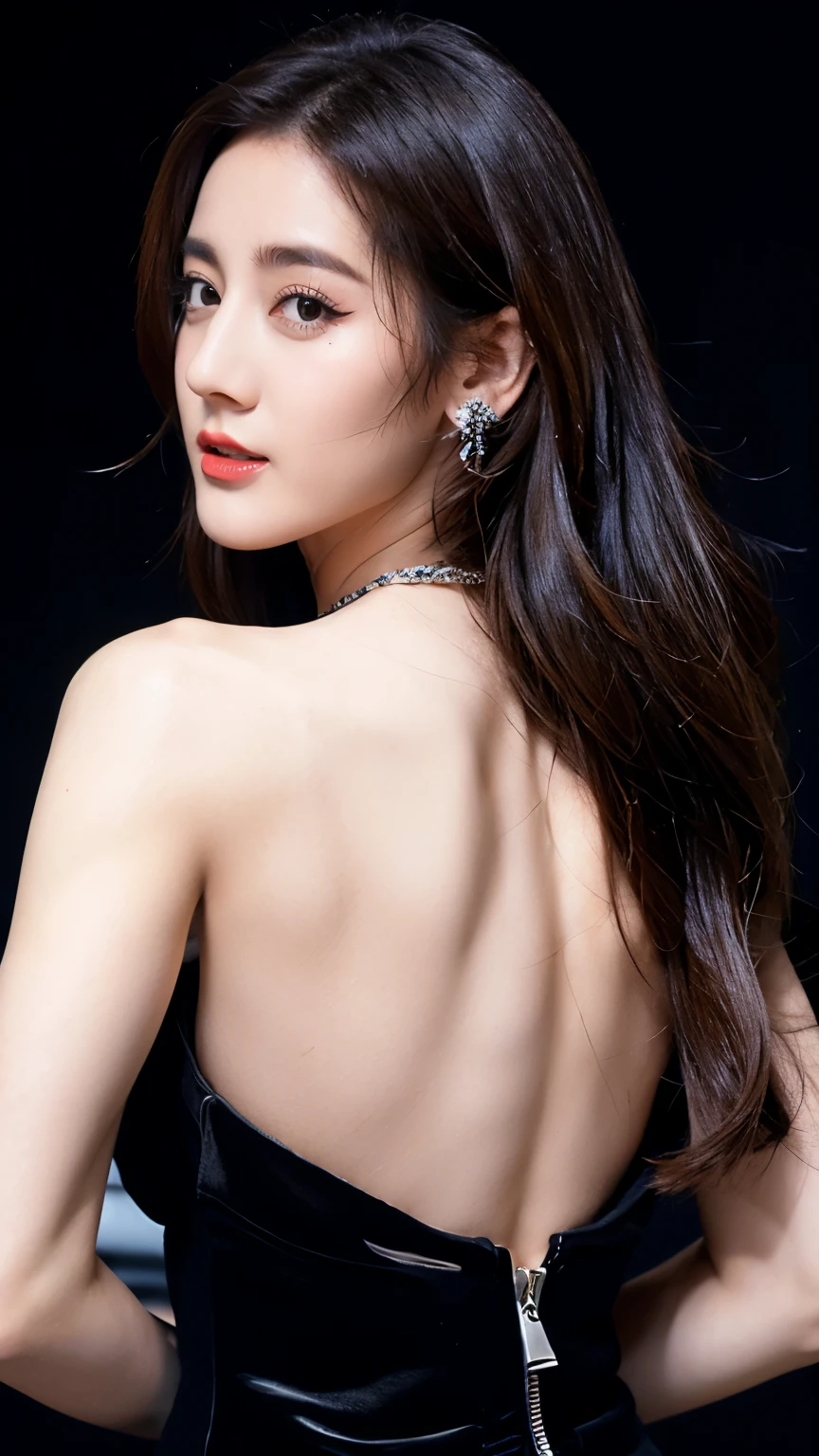 Ultra HD resolution，artistic photos，Photography，21year girl,earrings,long hair,Black background,Black backless dress,necklace,cowboy shot,H cup，Showing cleavage，Expose more breasts，Amazing breast size，????? nipples，Expose the areola，Bigger breasts，Smooth and beautiful back，Completely bare back，Cold white skin，Big buttocks，Messy hair，Messy hair，Ruddy face