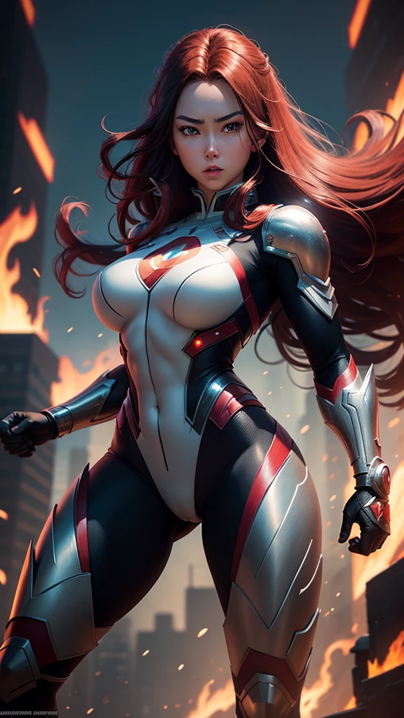 Jessica Henwick, Female Superhero Martial Artist, Long Red Hair, Black and Silver Armored Superhero Suit, Detailed Face, Beautiful Face, Upper Body View Portrait, Anime Eyes, Lean Female Body Physique, Toned Female Muscle, Female Body Shape, Fit Female Body, 4KUHD quality, 1080i, 1080p, Cinematic Quality, Dramatic Lighting, Bokeh, Unreal Engine 5, Cel Shaded Style, Surrounded by Cosmic Fire, Anime Asthetic, DBZ Asthetic, Studio Ghibli Asthetic, Urban City Background, Tekken Asthetic 
[DreamGlow (NEW)]