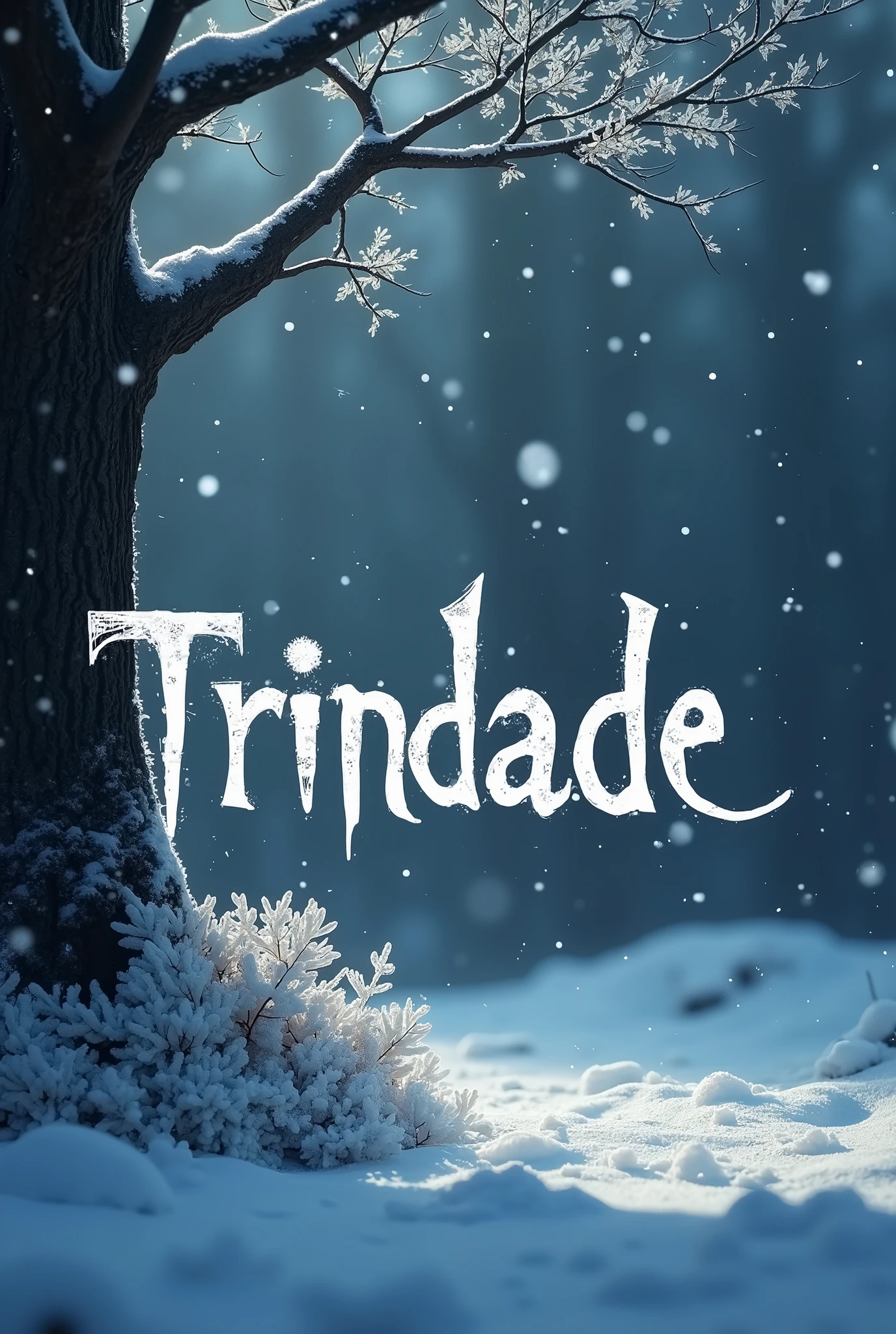 Create a gamer wallpaper with the name trindade, snow falling and a tree with a dark trunk and white leaves for my cell phone