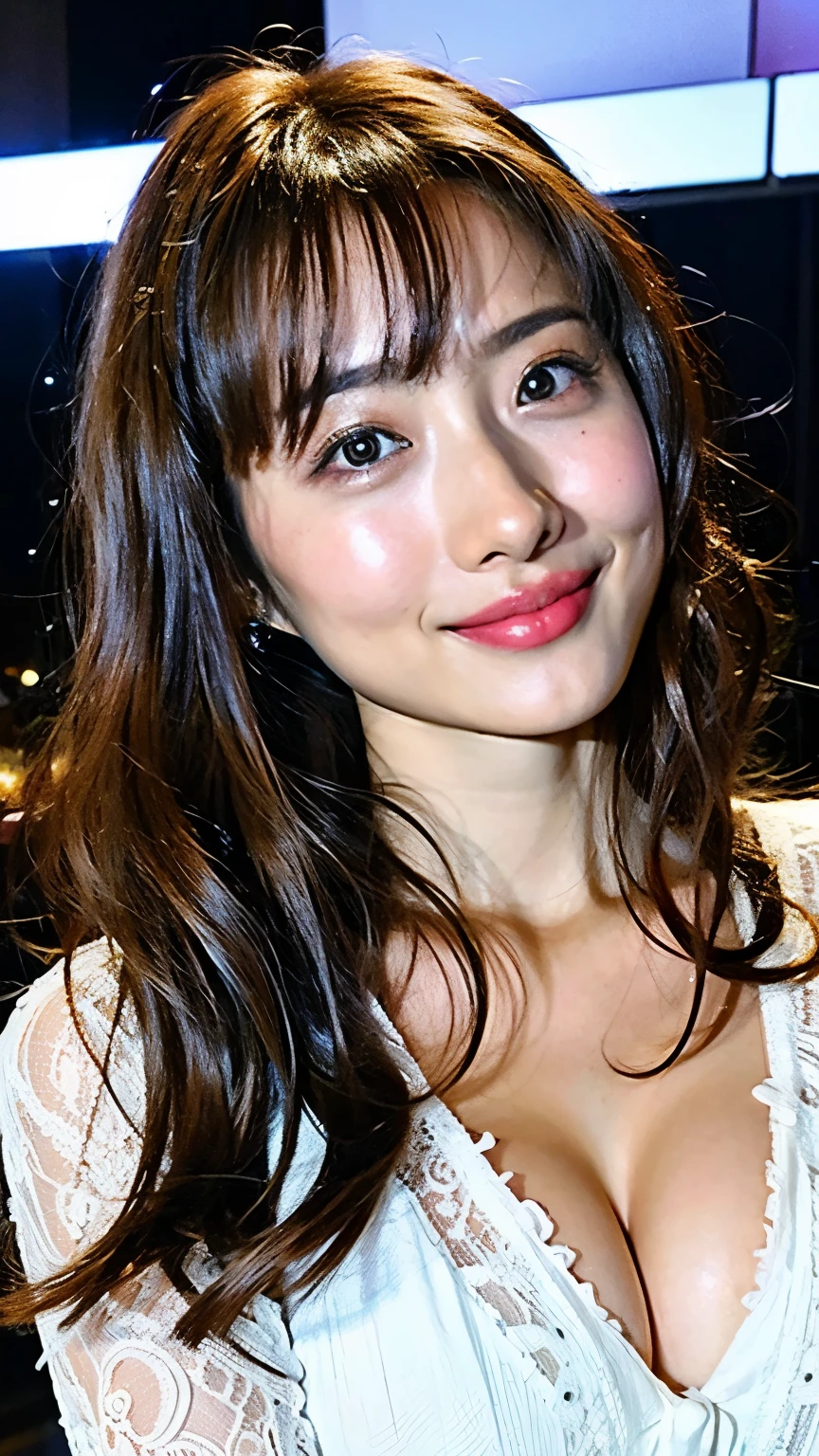 (8k, RAW Photos, Highest quality, masterpiece: 1.2)、Very detailed、Super Resolution、(Full body photo)、Natural color lip、Heavy eye makeup、(A super miniskirt tight dress made of transparent white lace fabric), Gorgeous Accessories、Straight hair、H cup breasts、Big Breasts:1.2、(Background of a high-end nightclub with a night view1.2)、(Dynamic Sexy Pose 1.2)、(Gorgeous Theme 1.2)、(With cleavage 1.2)