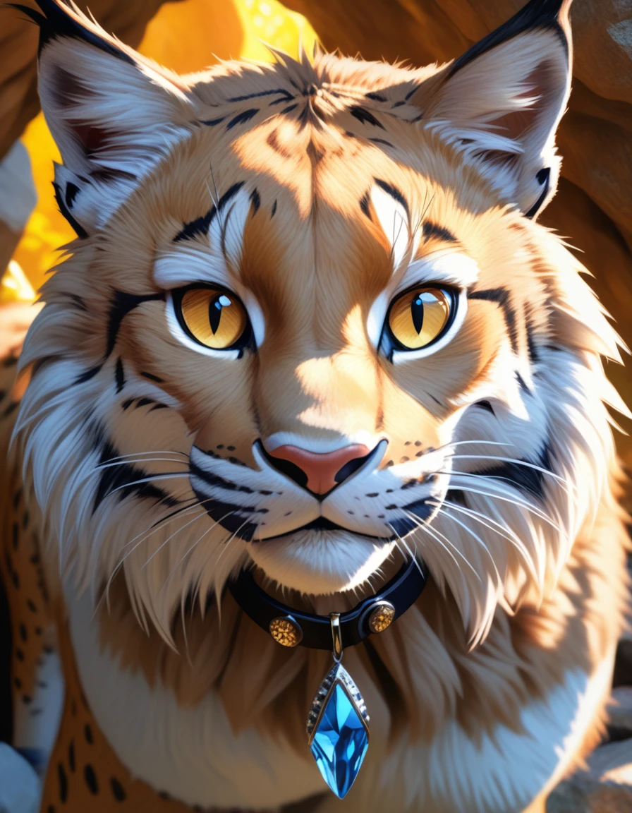 (best quality,4k,8k,highres,masterpiece:1.2),ultra-detailed,(realistic,photorealistic,photo-realistic:1.37),female, 1girl, anthro, lynx, source_furry, realism, detailed fur, bedroom eyes, collar, crystal, cave, bra