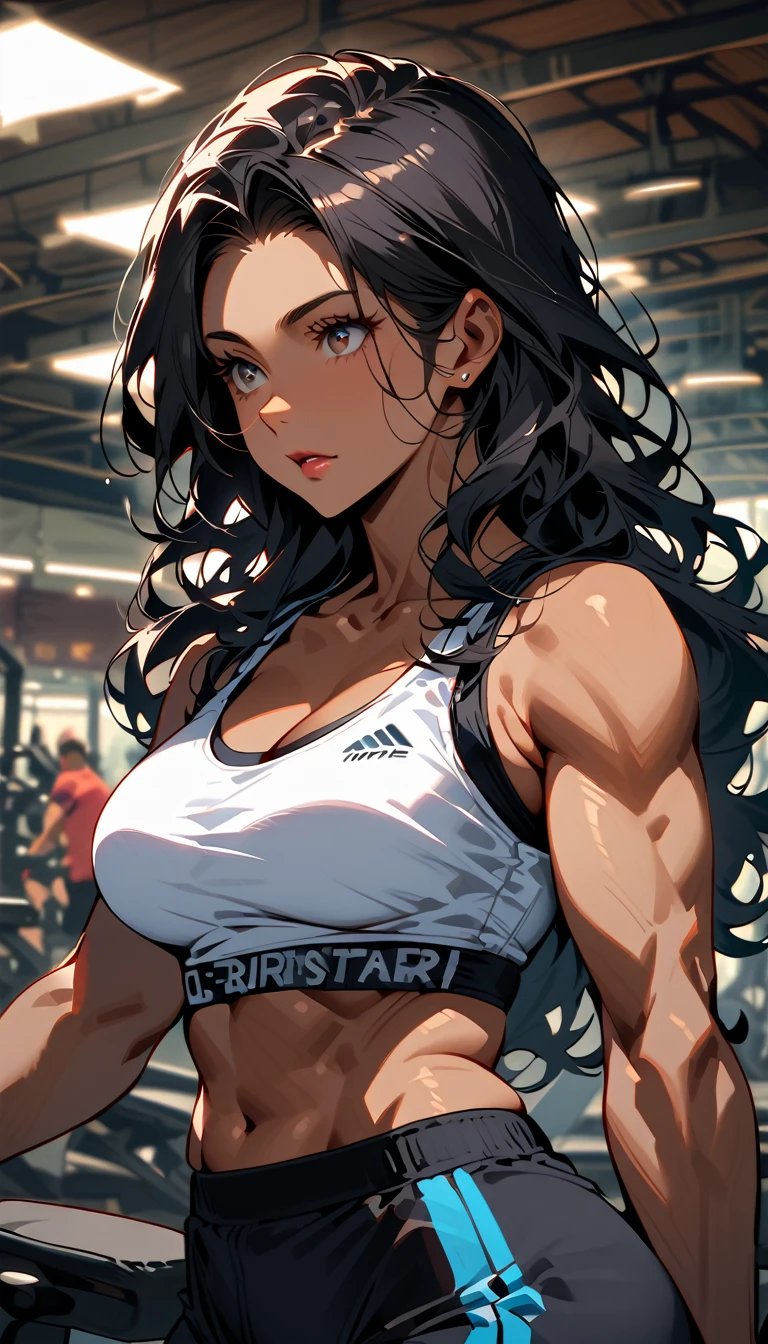 (Long wavy black hair:1.2), Beautiful 45 year old lady female futanari, curvy body, Brown Skin, (bulge in crotch:1.1), (Wearing a sport bra and sport boy short;1.3), Waist up shot, workout pose, Intricate facial details, gym, sport
