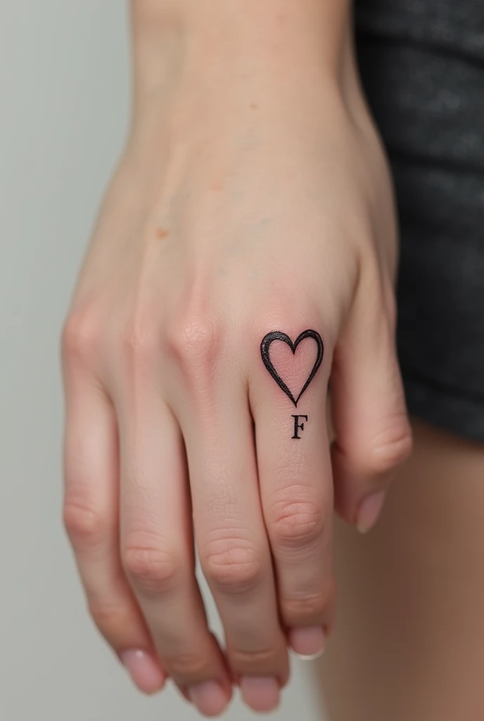 Freshly made tattoo of the letters E and F SMALL on the finger with a heart that looks as real as possible