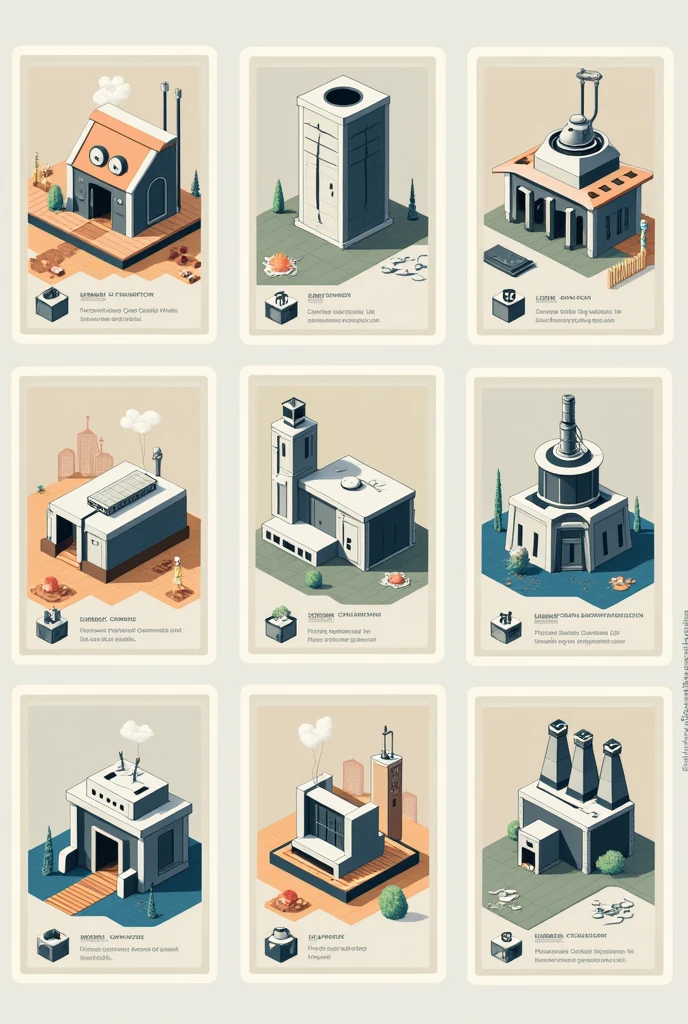 Create art style in the form of game board cards: construction of checkpoints, checkpoints, farms, fortifications, library, military factories, infrastructure, port, electrical plants. Have a modern style.