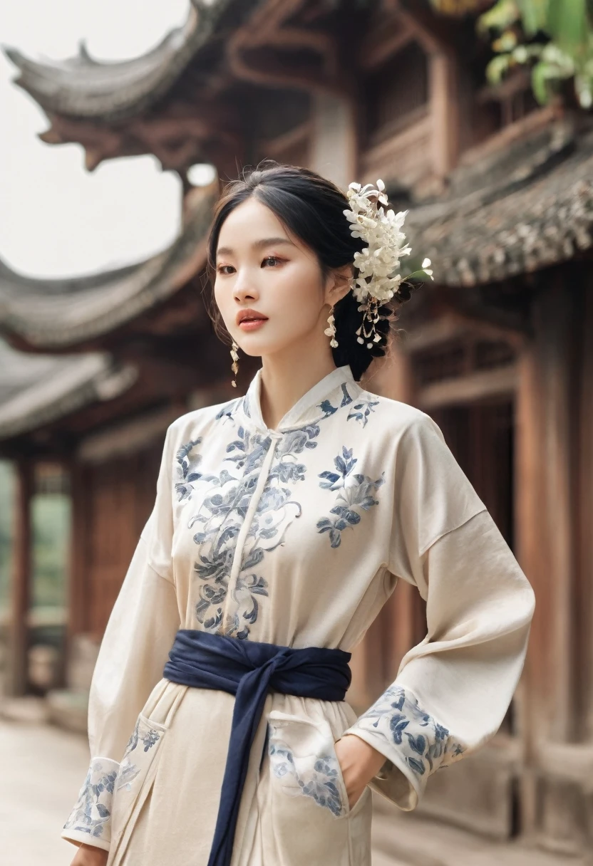 far shot full body, fashion fairytale shot, high camera angle of beautiful Vietnamese girl With its loose-fitting design, round collar, and large pockets, the áo bà ba is a quintessential Vietnamese garment. Typically made from breathable fabrics like cotton or silk, it's a symbol of both comfort and cultural heritage, gorgeous, sophisticated design, bold fashion, impressive pose, oriental background, cool style, magical shimmering, flying petals, realistic details, extremely detailed, 8K, super realistic, dynamic pose, cinematic lighting, low vivid, cinematic color tone, super detailed skin, wind blown, falling petals, morning attracted lighting
