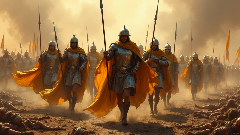 Armée de thrace dans la grèce antique portant des armures étincelante à la lumière, des capes dorées, munie de leur lance d'argent, ils chargent vers les énnemies restant, sur un champ de bataille apocalyptique dévasté, jonché de cadavres
