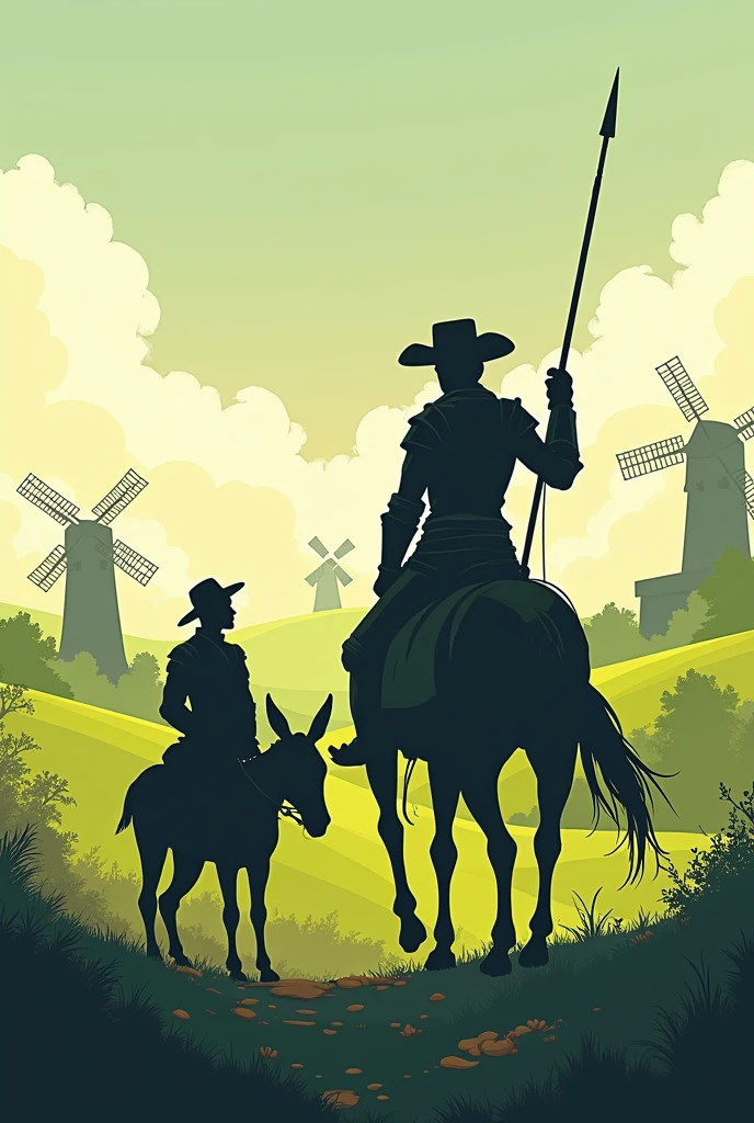 Create an illustration with just the silhouette of Don Quixote and Sancho Panza in a spring setting. Remembering that the illustration must take place in 1605 and must have windmills