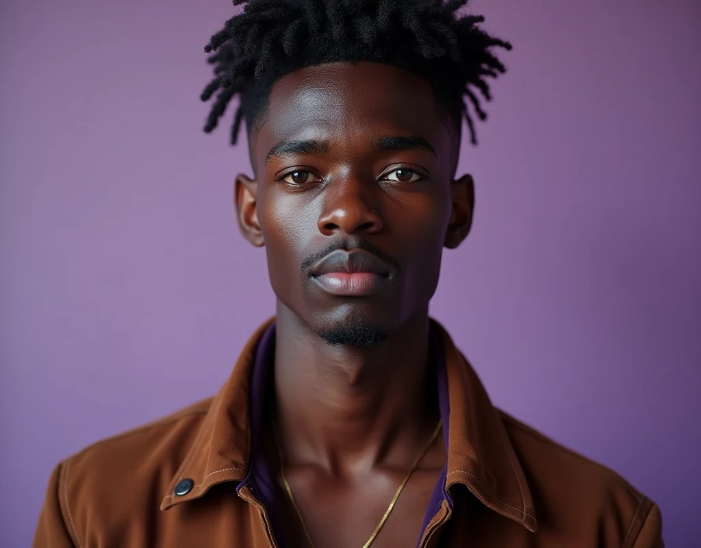 Photograph headshot of a very tall French-Nubian featured male model, slightly curled type hair parted to the side hair, shaved chin, shaved upper lip, toned body, ebony skin, vibrant purple eyes, tall thin toned body. Kind expression. Wearing brown and purple clothes.