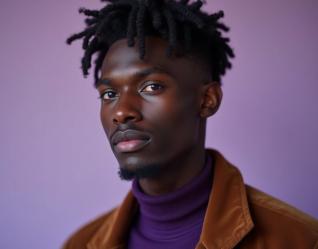 Photograph headshot of a very tall French-Nubian featured male model, slightly curled type hair parted to the side hair, shaved chin, shaved upper lip, toned body, ebony skin, vibrant purple eyes, tall thin toned body. Kind expression. Wearing brown and purple clothes.