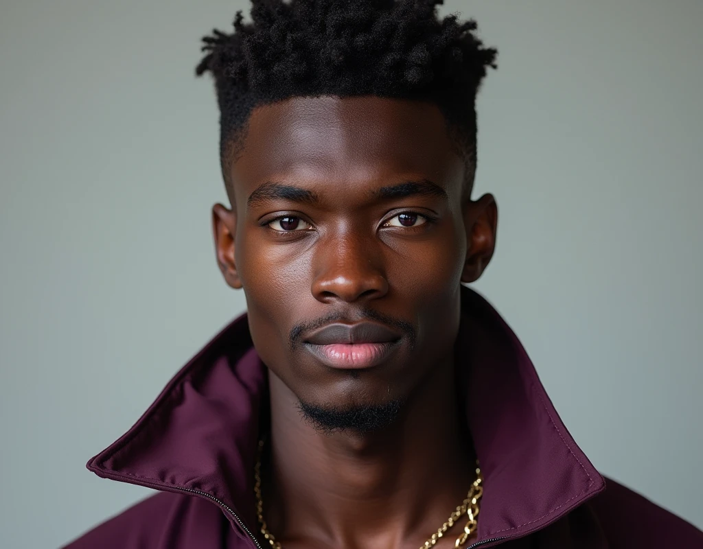 Photograph headshot of a very tall French-Nubian featured male model, slightly curled type hair parted to the side hair, shaved chin, shaved upper lip, toned body, ebony skin, vibrant purple eyes, tall thin toned body. Kind expression. Wearing brown and purple clothes.