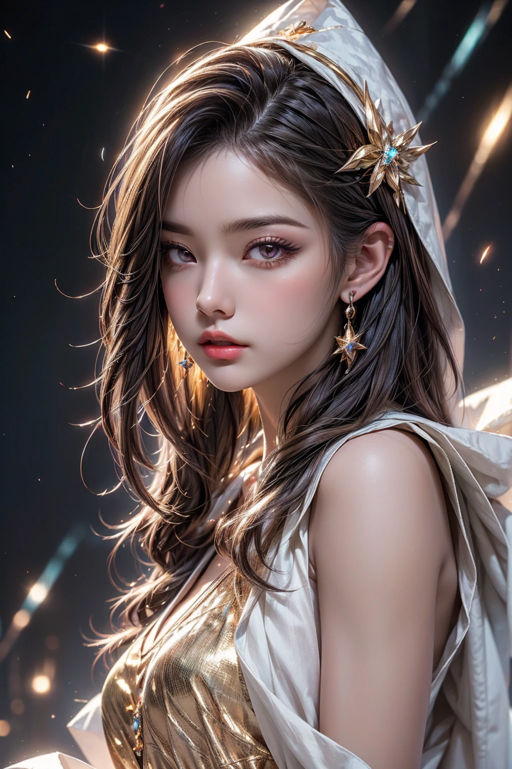 (Masterpiece, Top Quality, Best Quality, Official Art, Beauty and Aesthetics: 1.2), (1 Girl), Extreme Detail, (Fractal Art: 1.3), Colorful, Supreme Detail, Perfect Face, Upper Body, HDR, Prayer, (White Cloak Golden Lines: 1.2), Starry Sky, Shooting Star, Light Stripes, Surrealism.