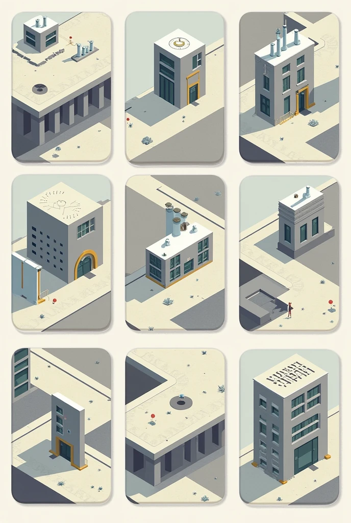 Create art style in the form of game board cards: construction of checkpoints, checkpoints, farms, fortifications, library, military factories, infrastructure, port, electrical plants. Have a modern style.
