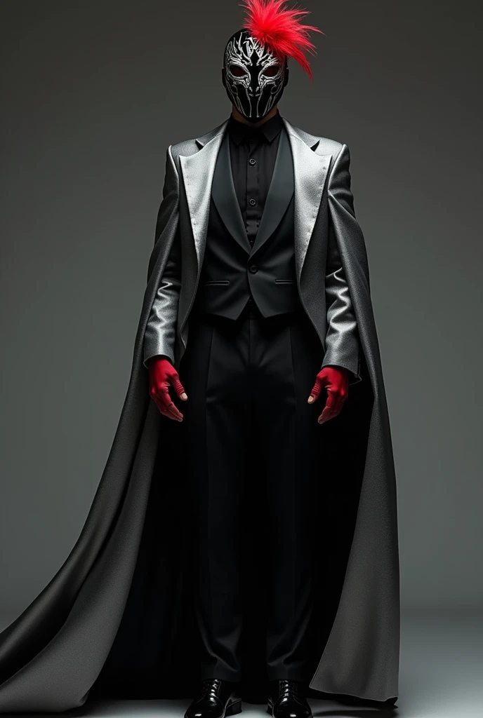A mens outfit with
Silver Long sleeve on the first layer
Covered by a black tux
And a long Silver Cape That is Imbedead in the tux from the Right arm to the Left arm
Wearing a black Mask with silver designs and a red feather