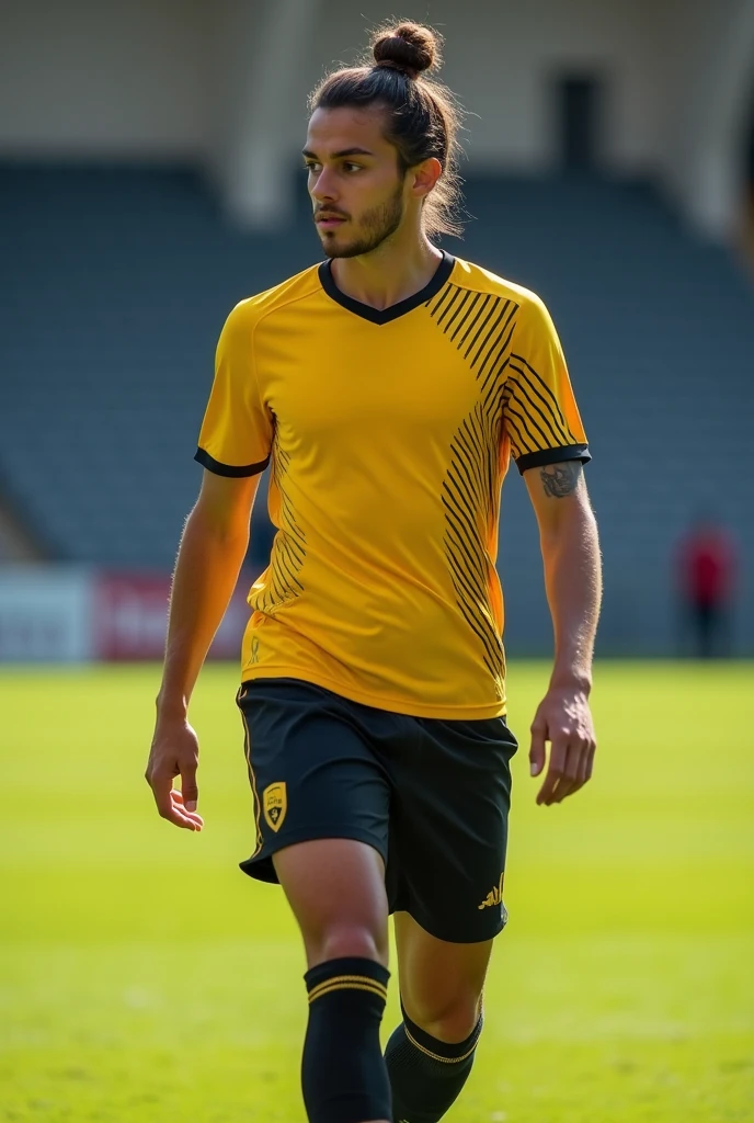 Lycra uniform for playing soccer in yellow and black colors with lines