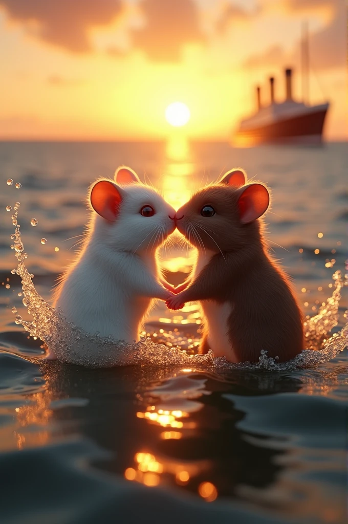 Two hamsters doing the titanic pose, one with white fur and red eyes and the other with dark brown fur and black eyes.