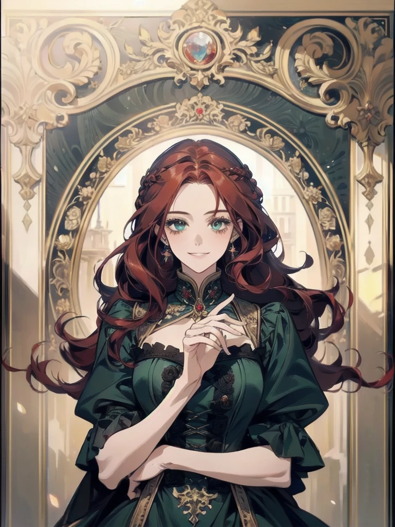 ((Highest quality)), ((masterpiece)), (detailed), 8k、Vertically curled red hair、Long Hair、Blue-green eyes、A beautiful woman、Aristocratic dress、elegant、Empires Address、One person、Smile
