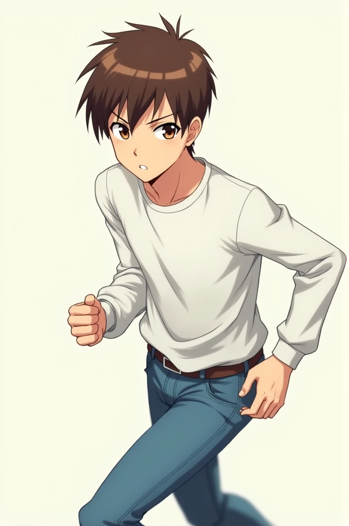 male character, short brown hair, Brown eyes. Long-sleeved white shirt, lisa, White pants. anime dash