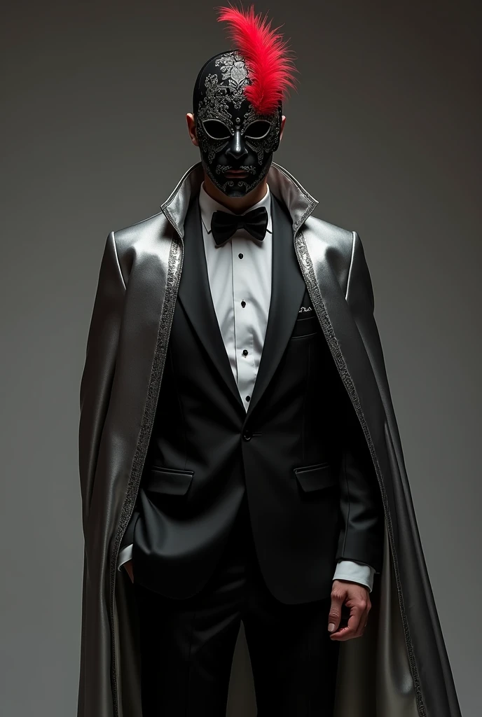 A mens outfit with 
Silver  Long sleeve  on the first layer
Covered by a black tux 

And a long Silver Cape That is Imbedead in the tux from the Right arm to the Left arm 

Wearing a black Mask with silver designs and a red feather

