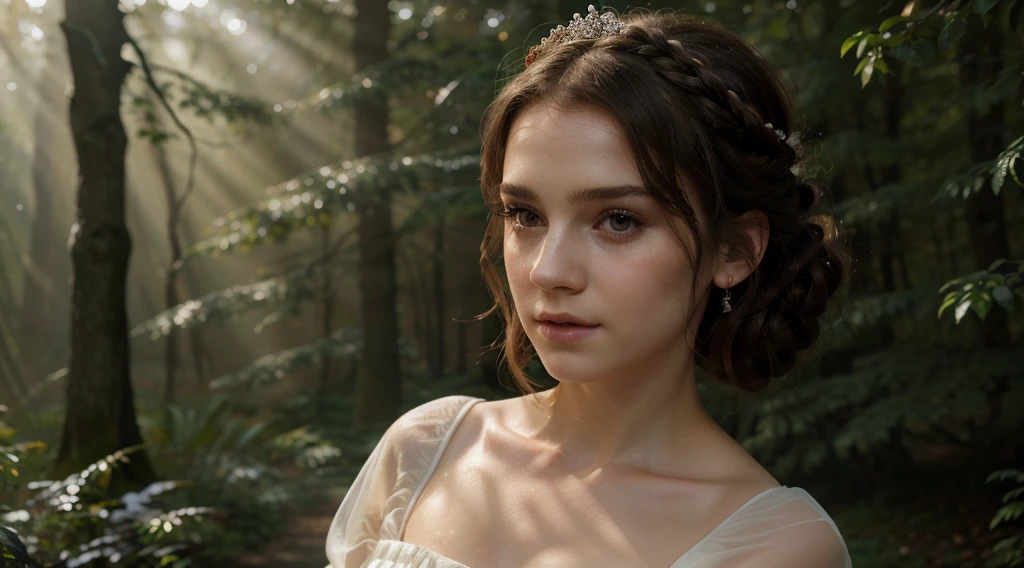 best quality,4k,8k,highres,masterpiece:1.2,ultra-detailed,(realistic,photorealistic,photo-realistic:1.37),HDR,UHD,studio lighting,ultra-fine painting,sharp focus,physically-based rendering,extreme detail description,professional,vivid colors,bokeh,Emma Watson as Snow White, detailed cinematic portrait, large beautiful eyes, long eyelashes, porcelain skin, rosy cheeks, full lips, delicate facial features, elegant hairstyle, crown on head, snow white dress, enchanting expression, magical forest background, sunlight shining through trees, glowing ethereal atmosphere, fantasy, fairytale, cinematic lighting