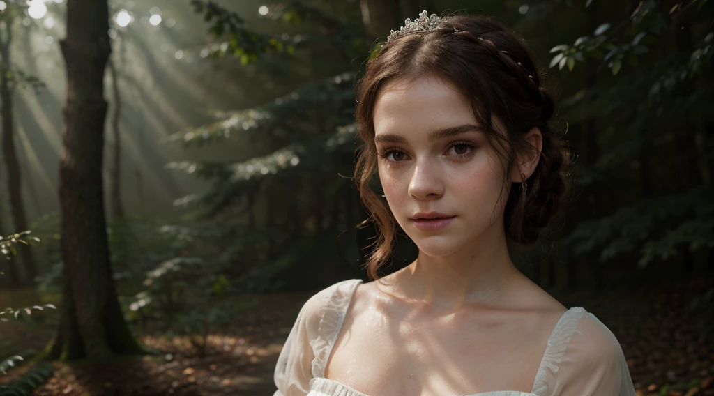 best quality,4k,8k,highres,masterpiece:1.2,ultra-detailed,(realistic,photorealistic,photo-realistic:1.37),HDR,UHD,studio lighting,ultra-fine painting,sharp focus,physically-based rendering,extreme detail description,professional,vivid colors,bokeh,Emma Watson as Snow White, detailed cinematic portrait, large beautiful eyes, long eyelashes, porcelain skin, rosy cheeks, full lips, delicate facial features, elegant hairstyle, crown on head, snow white dress, enchanting expression, magical forest background, sunlight shining through trees, glowing ethereal atmosphere, fantasy, fairytale, cinematic lighting