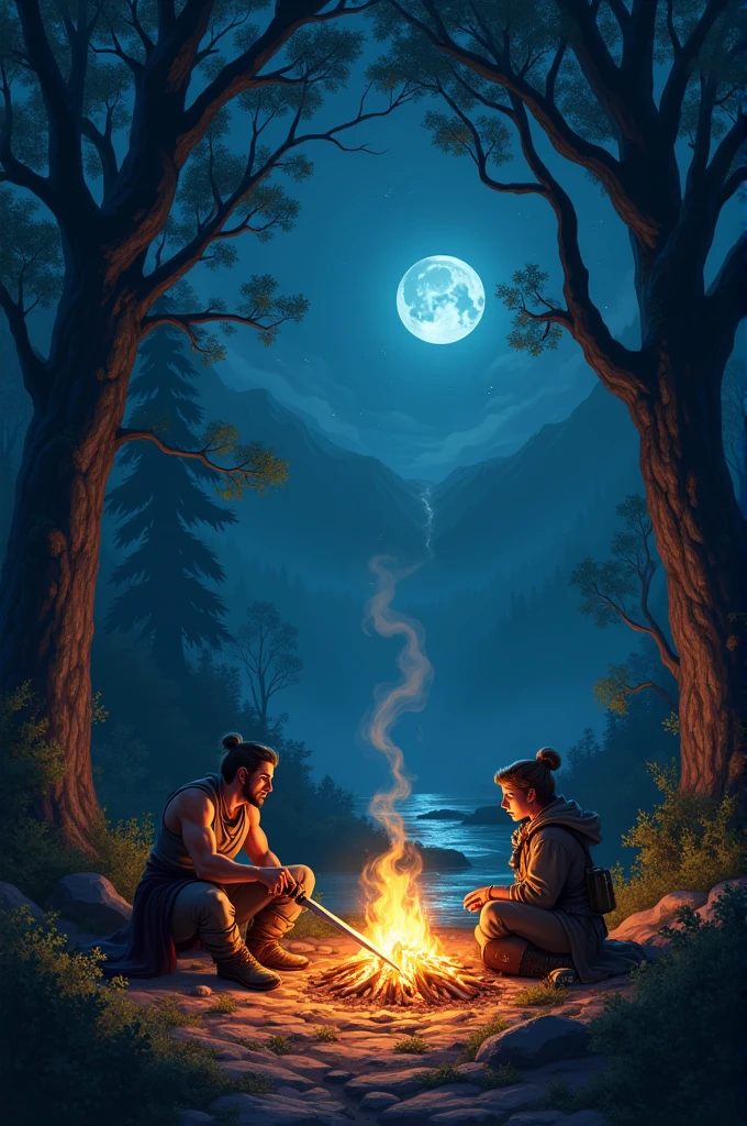2 Fantasy Adventurers Around a Campfire in the Middle of the Night 