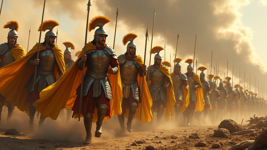 Armée de thrace dans la grèce antique portant des armures étincelante à la lumière, des capes dorées, munie de leur lance d'argent, ils chargent vers les énnemies restant, sur un champ de bataille apocalyptique dévasté, jonché de cadavres