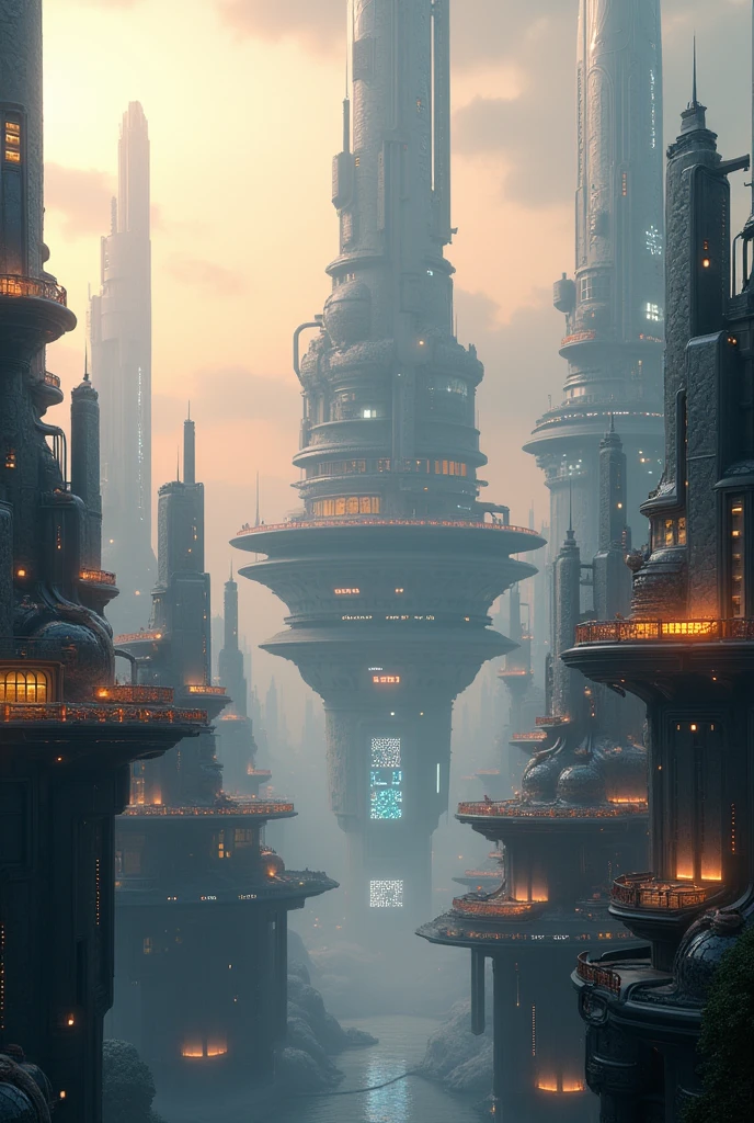 city full of floating buildings