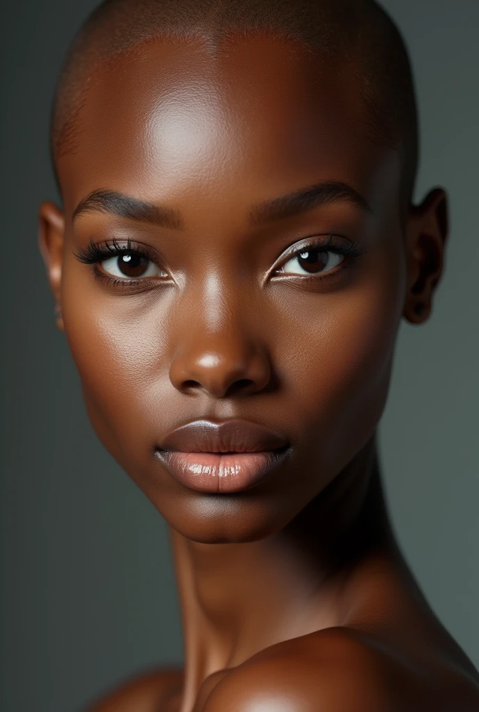 photorealism, hot bald woman, pinterest woman, 4k, ultra realistic, skin texture, pores, photorealistic, model, hyper realistic, RAW photo, photography, gorgeous, face close up, in focus, staring straight forward, face forward, flat lighting, african american features
