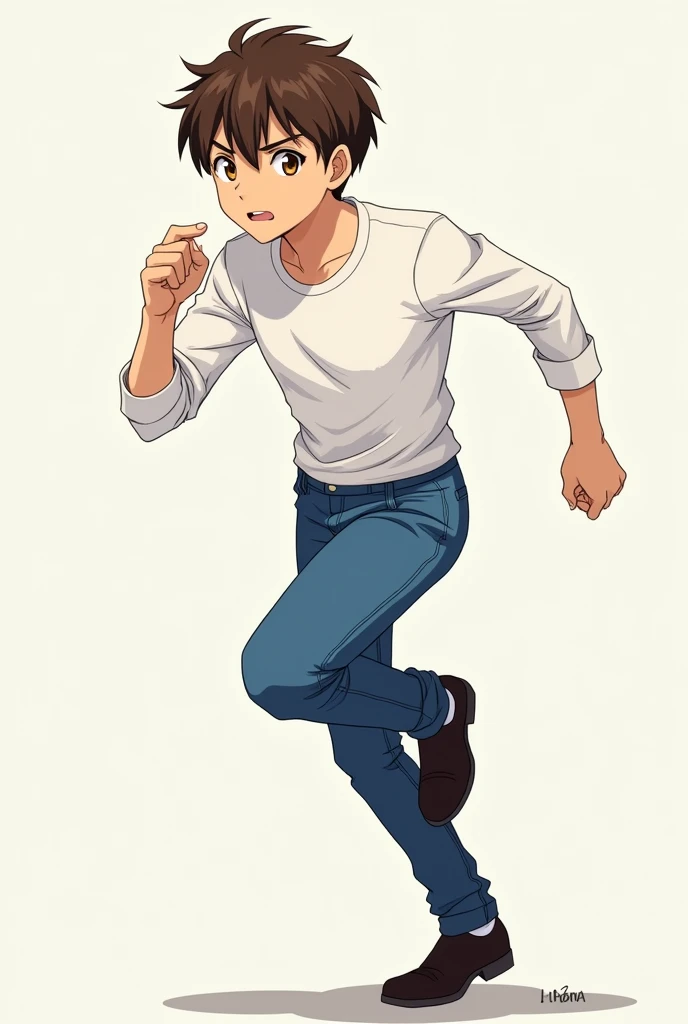 male character, short brown hair, Brown eyes. Long-sleeved white shirt, lisa, White pants. anime dash
