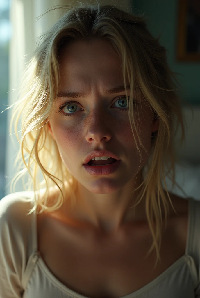 A blonde woman just waking up from a nightmare In the morning, scared