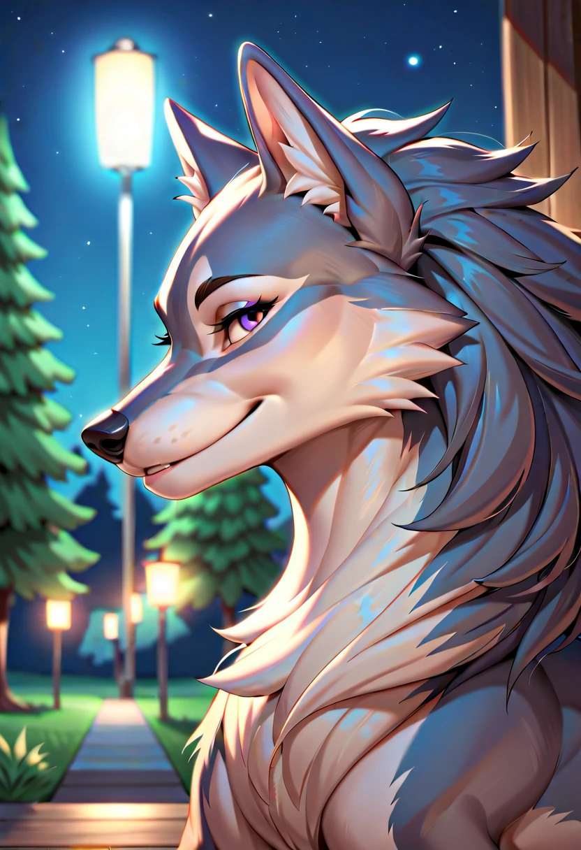 score_9, score_8_up, score_7_up, score_6_up, kate, wolf, feral, face shot, night, blurry background, light smile, side view, looking at viewer